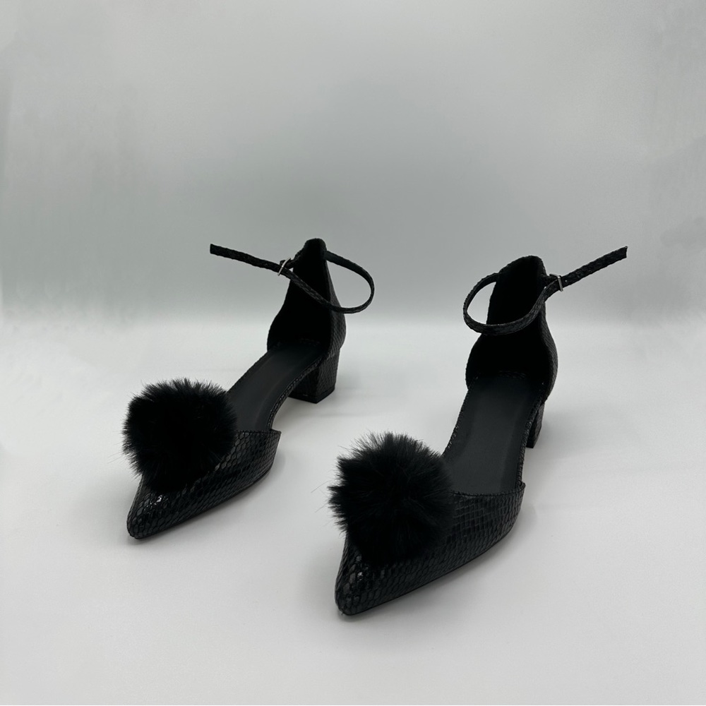 ASOS Black Point Toe Leather Block Heels with Faux Fur Pom Pom